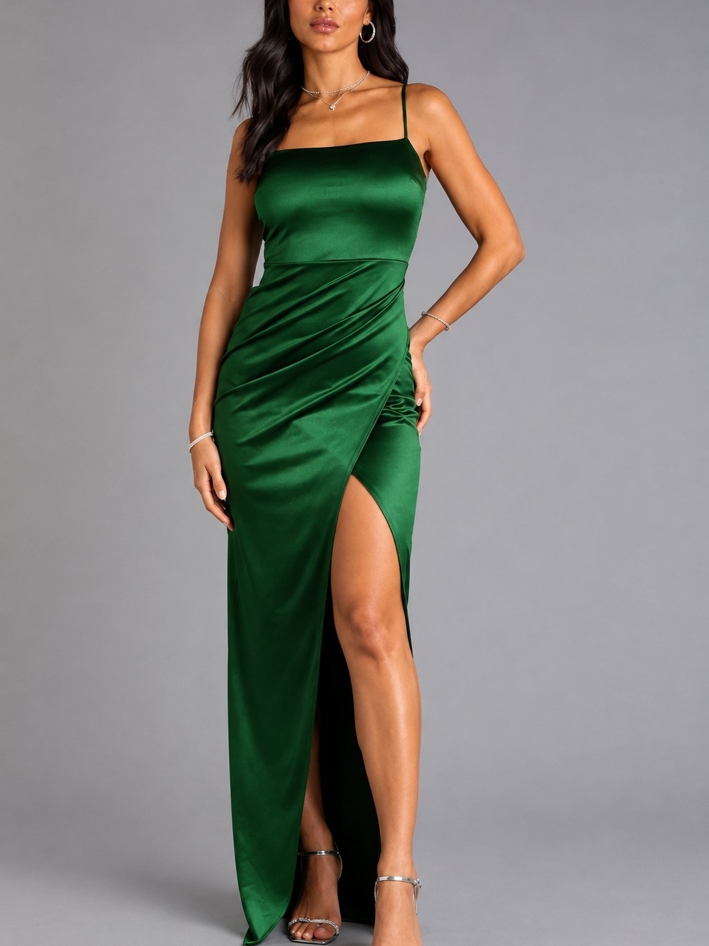 Emerald Green Satin Slit Evening Dress - Picture 2 of 4